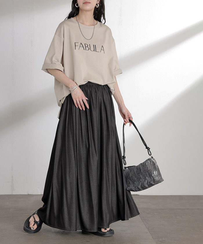 スカート ロング フレア 超軽量 レディース ロングスカート ギャザー ギャザースカート フレアスカート Aライン デニムライク 無地 長い | HUG.U | 05