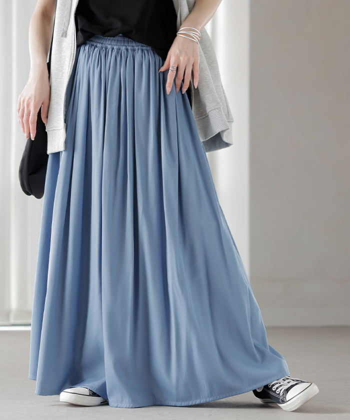 スカート ロング フレア 超軽量 レディース ロングスカート ギャザー ギャザースカート フレアスカート Aライン デニムライク 無地 長い | HUG.U | 03