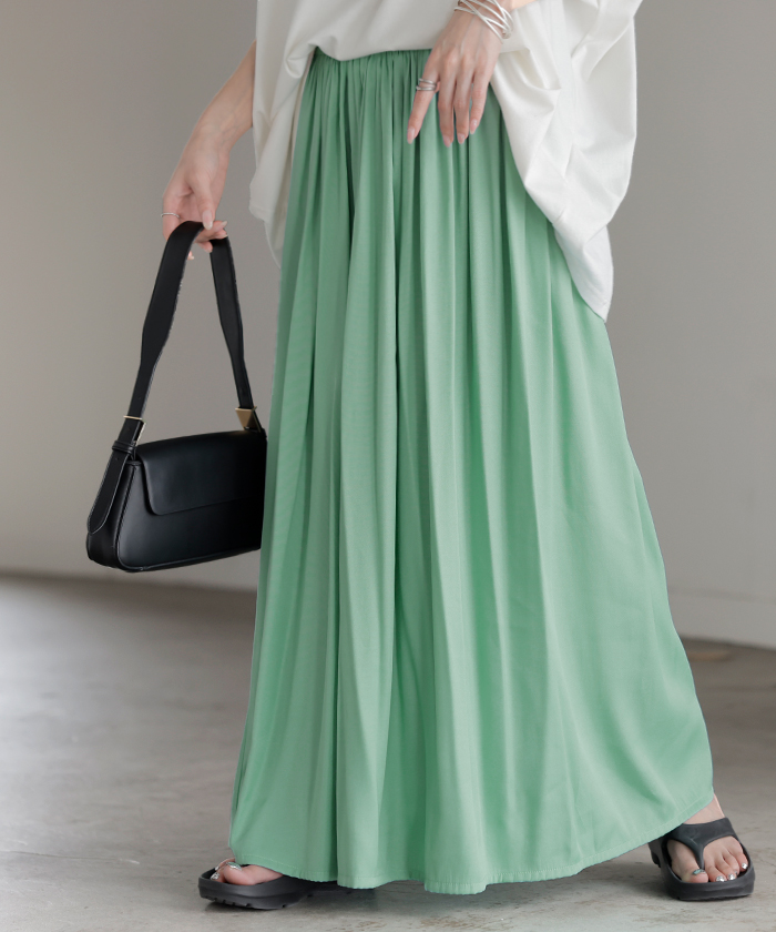 スカート ロング フレア 超軽量 レディース ロングスカート ギャザー ギャザースカート フレアスカート Aライン デニムライク 無地 長い | HUG.U | 02