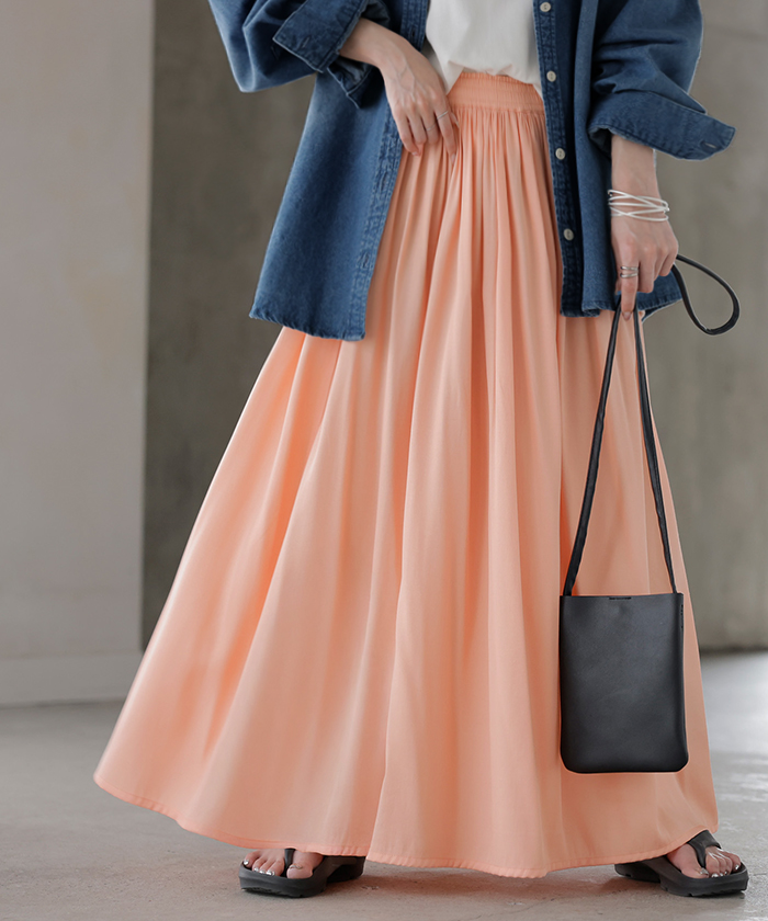 スカート ロング フレア 超軽量 レディース ロングスカート ギャザー ギャザースカート フレアスカート Aライン デニムライク 無地 長い | HUG.U | 01