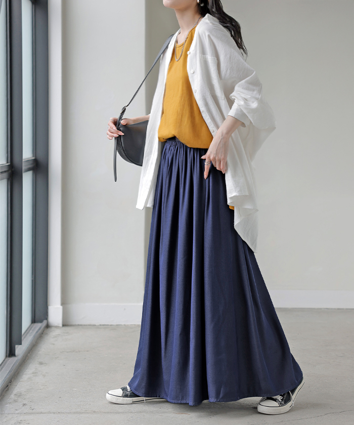 スカート ロング フレア 超軽量 レディース ロングスカート ギャザー ギャザースカート フレアスカート Aライン デニムライク 無地 長い | HUG.U | 04
