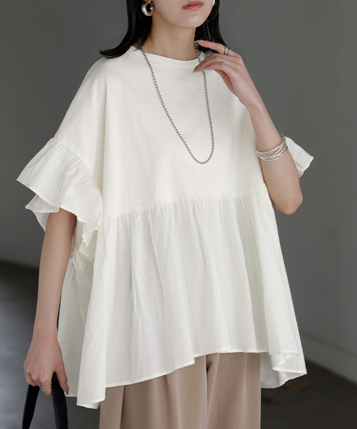 HUG.U（ハグユー） ブラウス フリル 綿100 トップス ロング シャツ T
