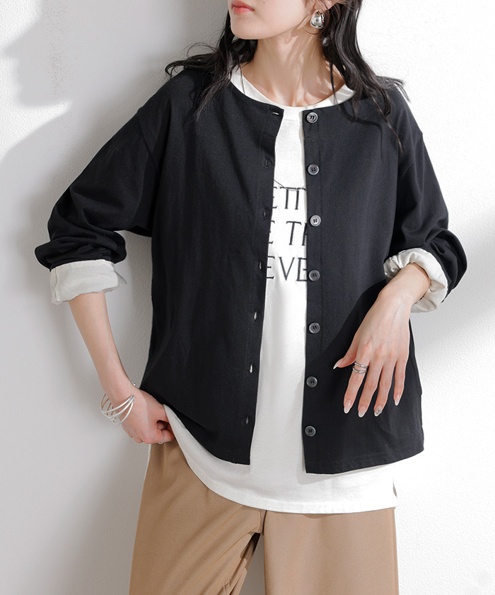 カーディガン 綿100 配色 レディース トップス カーデ バスク生地 コットン 長袖 クルーネック ボーダー 柄 バイカラー ロンT ジャスト丈 | HUG.U | 05