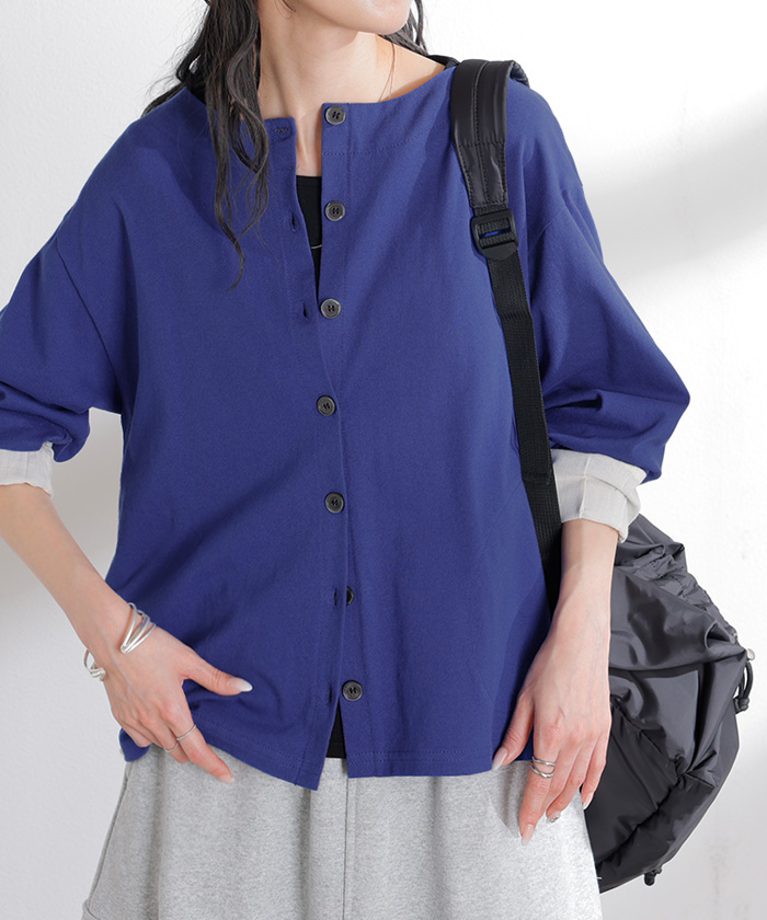 カーディガン 綿100 配色 レディース トップス カーデ バスク生地 コットン 長袖 クルーネック ボーダー 柄 バイカラー ロンT ジャスト丈 | HUG.U | 04