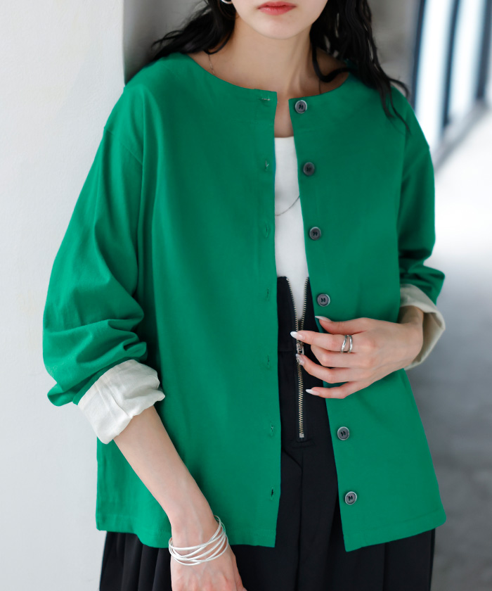 カーディガン 綿100 配色 レディース トップス カーデ バスク生地 コットン 長袖 クルーネック ボーダー 柄 バイカラー ロンT ジャスト丈 | HUG.U | 03