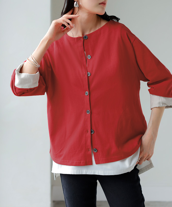 カーディガン 綿100 配色 レディース トップス カーデ バスク生地 コットン 長袖 クルーネック ボーダー 柄 バイカラー ロンT ジャスト丈 | HUG.U | 02