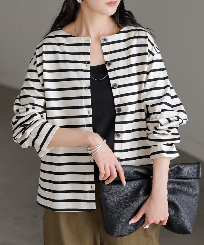 カーディガン 綿100 配色 レディース トップス カーデ バスク生地 コットン 長袖 クルーネック ボーダー 柄 バイカラー ロンT ジャスト丈 | HUG.U | 01