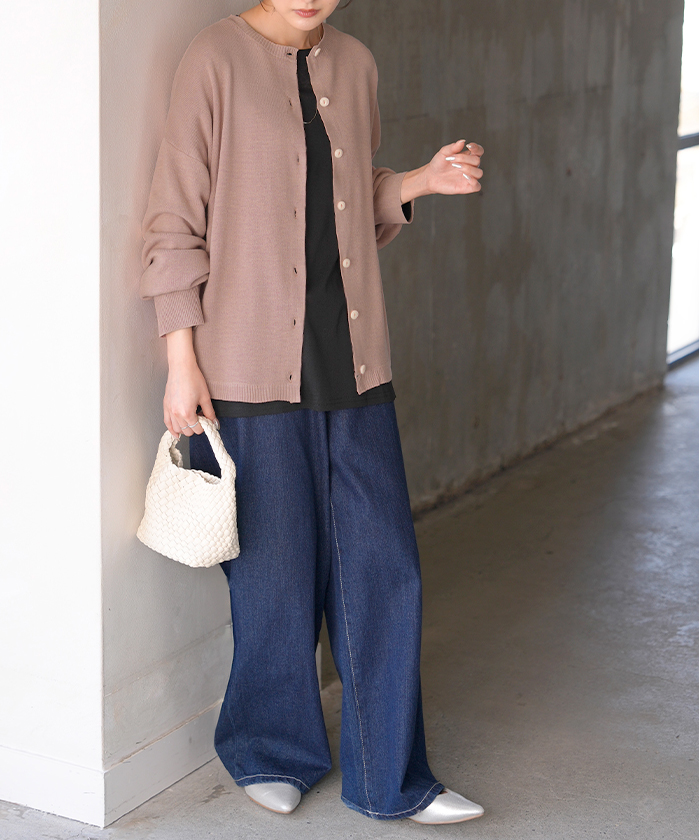 カーディガン ニット 洗える レディース トップス セーター カーデ ニットカーディガン ジャスト丈 長袖 羽織 クルーネック リブ ウォッシャブル イージーケア | HUG.U | 02