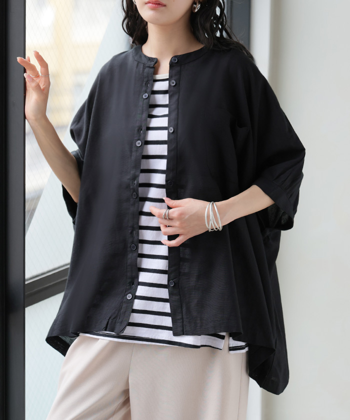 ブラウス オーバーサイズ レディース トップス 涼しい シャツ ロング 半袖 シャツブラウス ノーカラー チュニック 前開き ドルマン リネン混 | HUG.U | 04