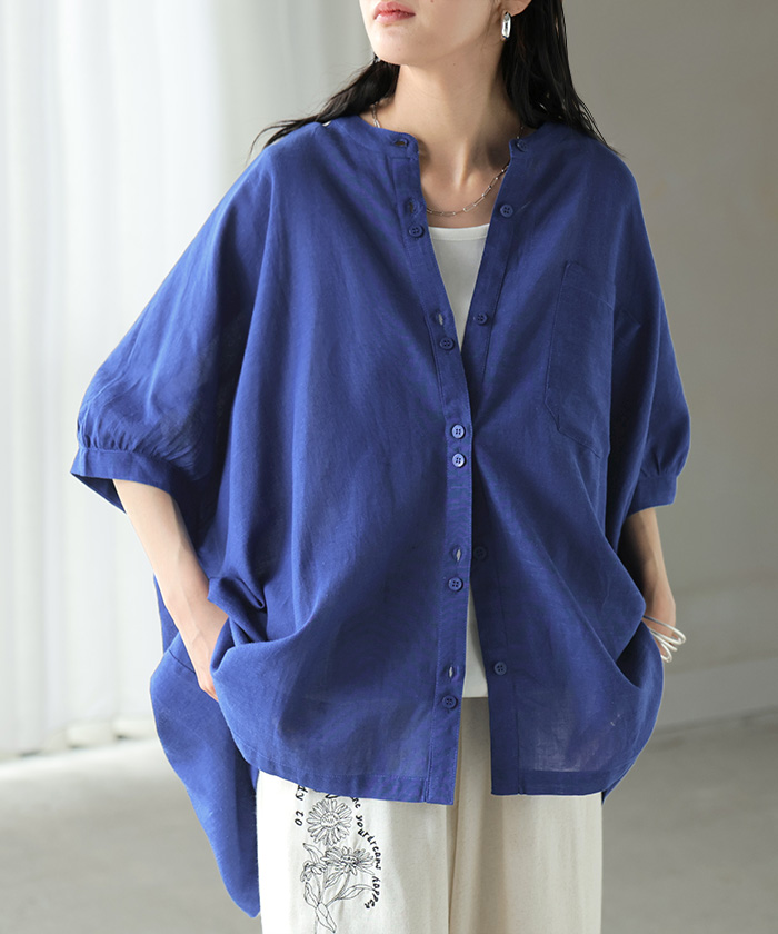 ブラウス オーバーサイズ レディース トップス 涼しい シャツ ロング 半袖 シャツブラウス ノーカラー チュニック 前開き ドルマン リネン混 | HUG.U | 03