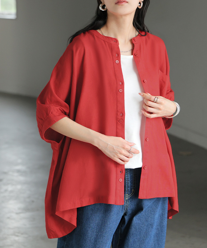 ブラウス オーバーサイズ レディース トップス 涼しい シャツ ロング 半袖 シャツブラウス ノーカラー チュニック 前開き ドルマン リネン混 | HUG.U | 02