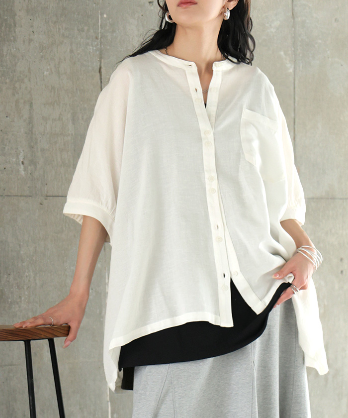 ブラウス オーバーサイズ レディース トップス 涼しい シャツ ロング 半袖 シャツブラウス ノーカラー チュニック 前開き ドルマン リネン混 | HUG.U | 01