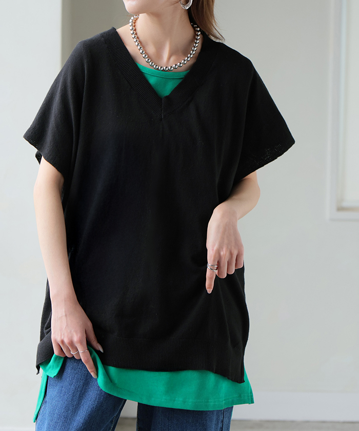 ベスト ニット 洗える 綿100 レディース トップス ロング チュニック ロングベスト ノースリーブ Vネック 薄手 軽い ウォッシャブル レイヤード ちくちくしない | HUG.U | 05