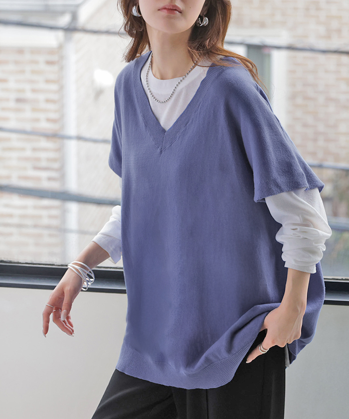 ベスト ニット 洗える 綿100 レディース トップス ロング チュニック ロングベスト ノースリーブ Vネック 薄手 軽い ウォッシャブル レイヤード ちくちくしない | HUG.U | 02