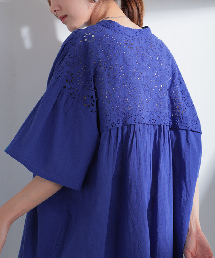 ブラウス インド綿 100％ レース レディース トップス ロング チュニック シャツ ロングシャツ Tシャツ カットソー 刺繍 花柄 フラワー | HUG.U | 01