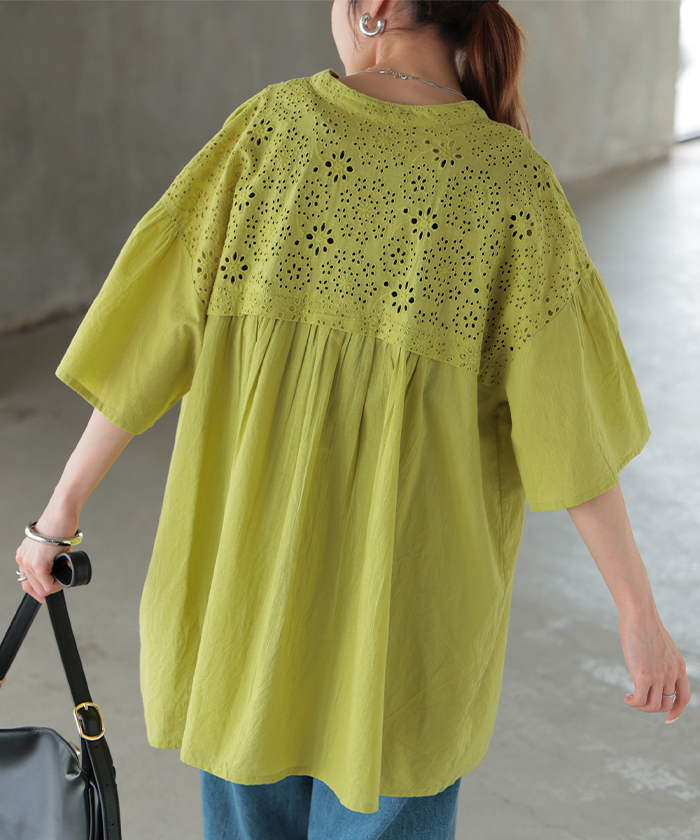 ブラウス インド綿 100％ レース レディース トップス ロング チュニック シャツ ロングシャツ Tシャツ カットソー 刺繍 花柄 フラワー | HUG.U | 02
