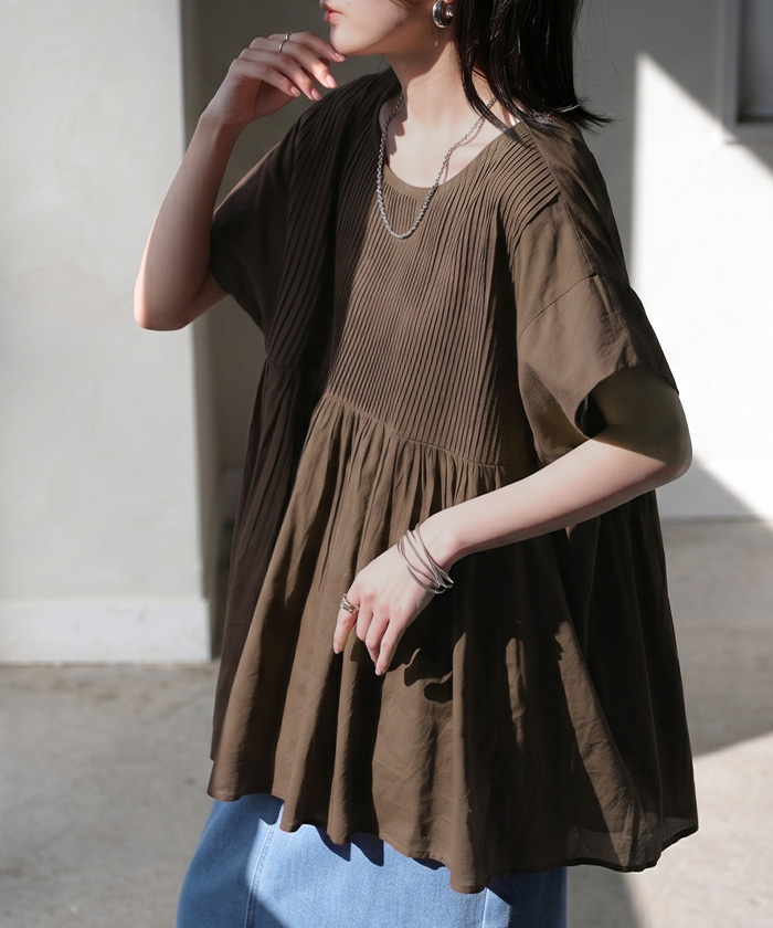 ブラウス インド綿 100％ フレア レディース トップス ロング シャツ チュニック ロングシャツ フレンチスリーブ ノーカラー 長め 薄手 | HUG.U | 05