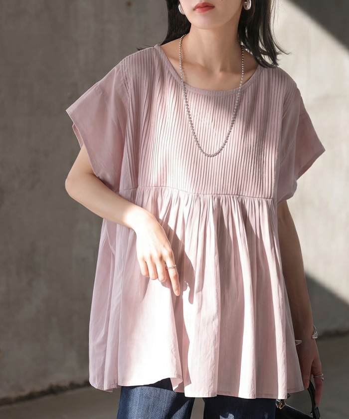 ブラウス インド綿 100％ フレア レディース トップス ロング シャツ チュニック ロングシャツ フレンチスリーブ ノーカラー 長め 薄手 | HUG.U | 03