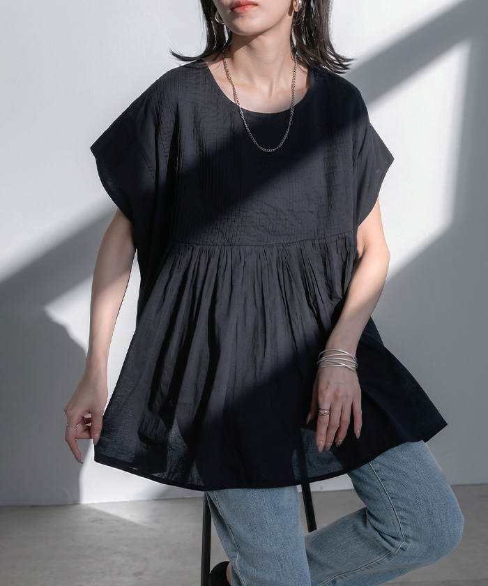 ブラウス インド綿 100％ フレア レディース トップス ロング シャツ チュニック ロングシャツ フレンチスリーブ ノーカラー 長め 薄手 | HUG.U | 02