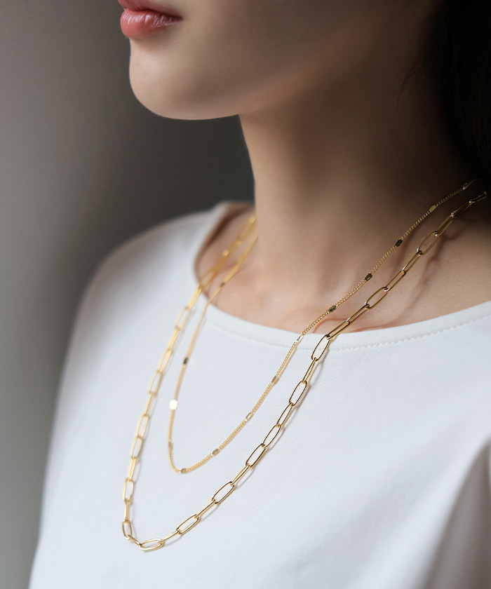 サージカルステンレス 2連 ネックレス アクセサリー シルバー ゴールド 金属アレルギー 金アレ 錆びにくい アクセ マンセルチェーン チェーンネックレス ロング | HUG.U | 02
