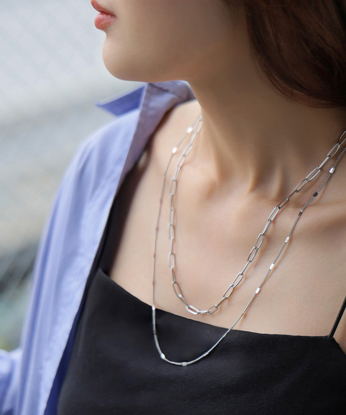 サージカルステンレス 2連 ネックレス アクセサリー シルバー ゴールド 金属アレルギー 金アレ 錆びにくい アクセ マンセルチェーン チェーンネックレス ロング | HUG.U | 01