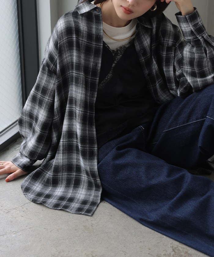 シャツ チェック ネルシャツ レディース トップス ロング ロングシャツ チェックシャツ チュニック フランネル 柄 オーバーサイズ 薄手 | HUG.U | 03