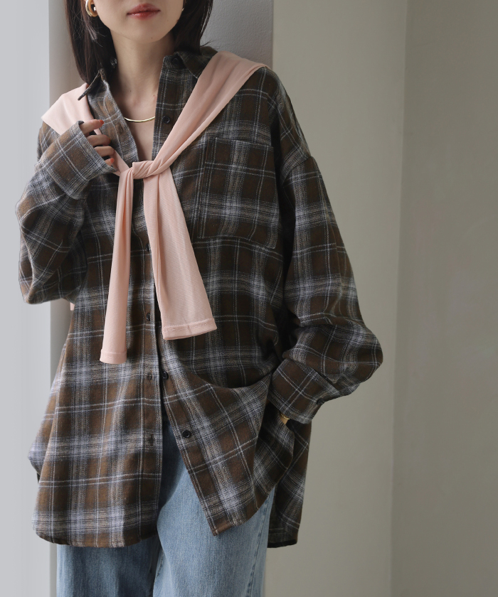 シャツ チェック ネルシャツ レディース トップス ロング ロングシャツ チェックシャツ チュニック フランネル 柄 オーバーサイズ 薄手 | HUG.U | 02