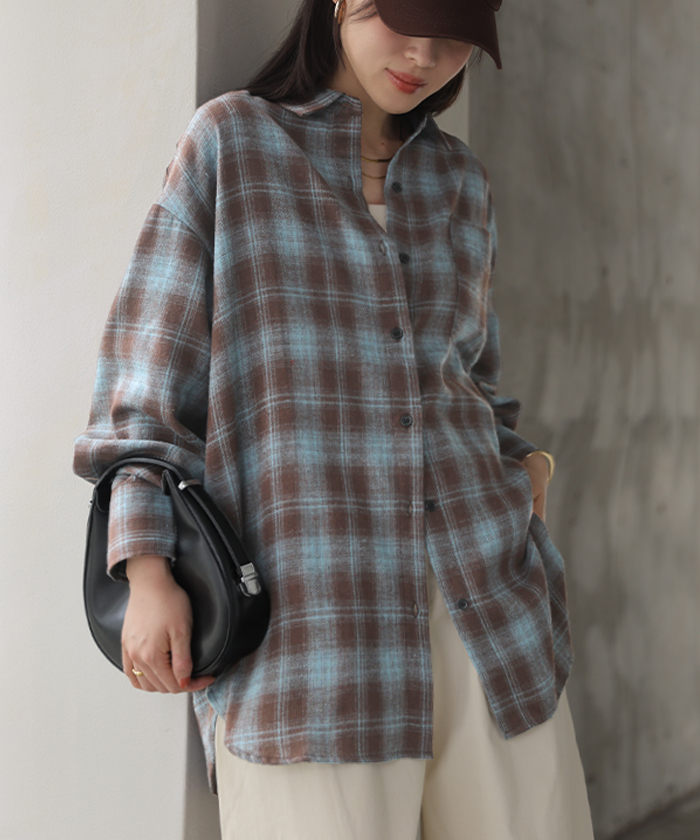 シャツ チェック ネルシャツ レディース トップス ロング ロングシャツ チェックシャツ チュニック フランネル 柄 オーバーサイズ 薄手 | HUG.U | 01