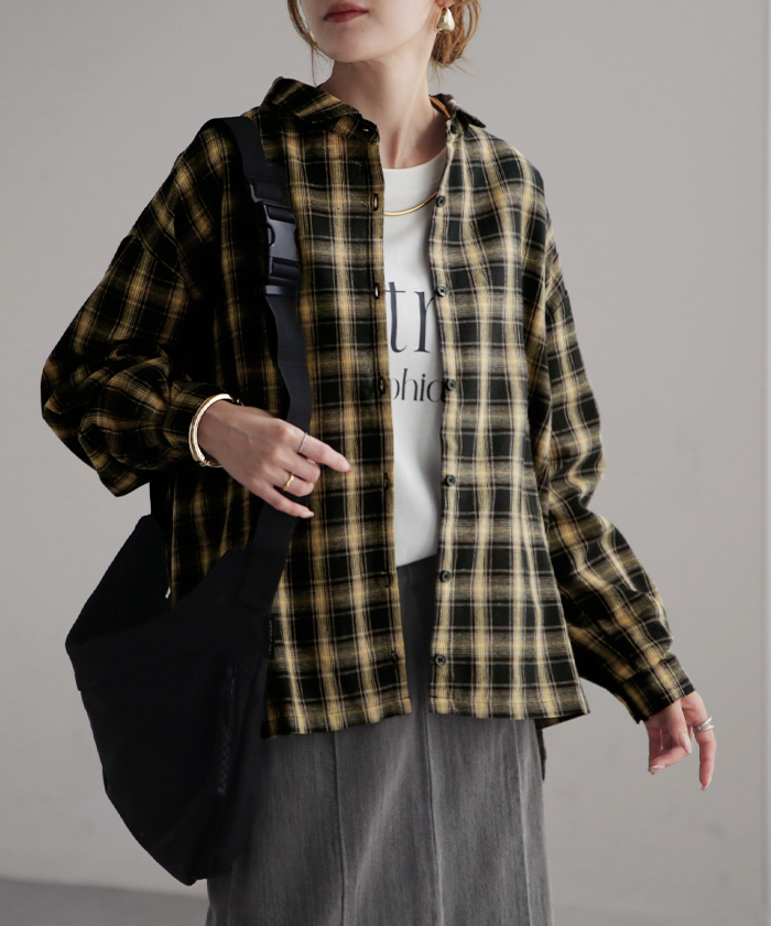 シャツ チェック リネンライク レディース トップス ブラウス ロング チェックシャツ ロングシャツ チュニック 柄 麻風 軽い 薄い 長袖 | HUG.U | 03