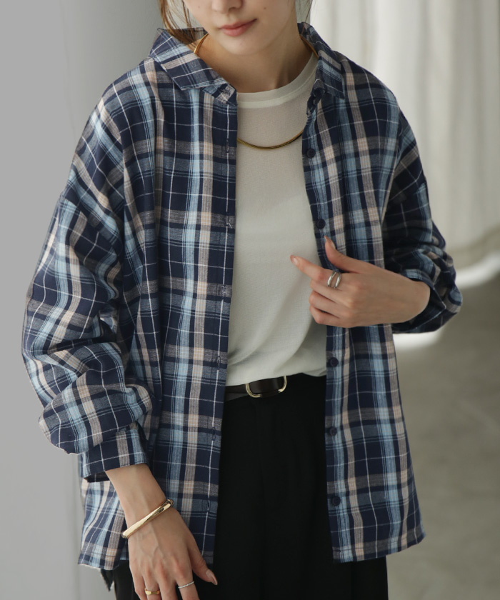 シャツ チェック リネンライク レディース トップス ブラウス ロング チェックシャツ ロングシャツ チュニック 柄 麻風 軽い 薄い 長袖 | HUG.U | 02
