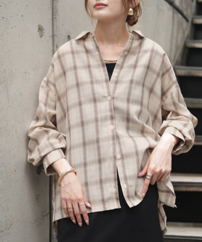 シャツ チェック リネンライク レディース トップス ブラウス ロング チェックシャツ ロングシャツ チュニック 柄 麻風 軽い 薄い 長袖 | HUG.U | 01