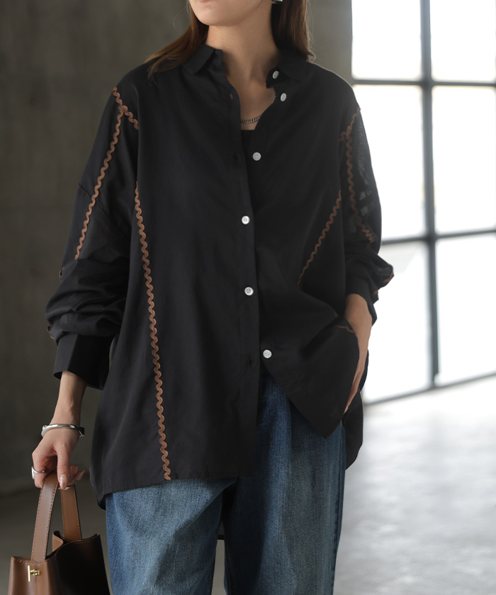 シャツ インド綿100 ライン レディース トップス ロング ブラウス ロングシャツ チュニック シアーシャツ 綿 コットン 配色 薄手 シアー 蒸れない | HUG.U | 02