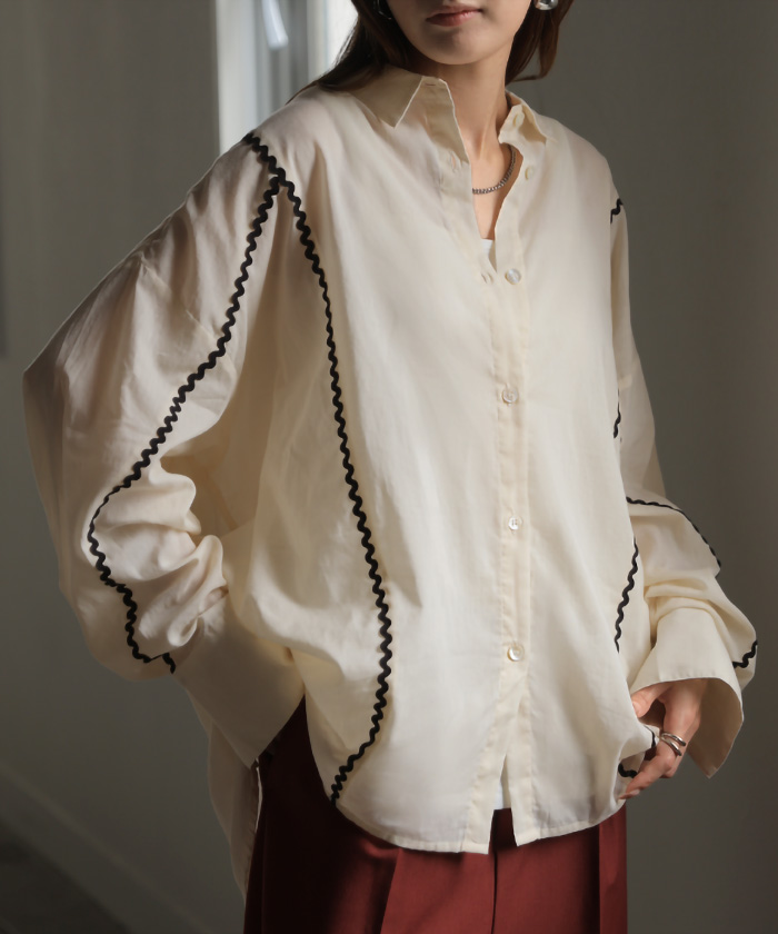 シャツ インド綿100 ライン レディース トップス ロング ブラウス ロングシャツ チュニック シアーシャツ 綿 コットン 配色 薄手 シアー 蒸れない | HUG.U | 01