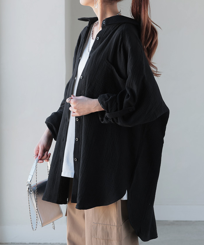 シャツ ダブルガーゼ リネン風 彼シャツ チュニック レディース ブラウス トップス ロング ロングシャツ チュニック 長袖 無地 羽織 ドルマン | HUG.U | 07