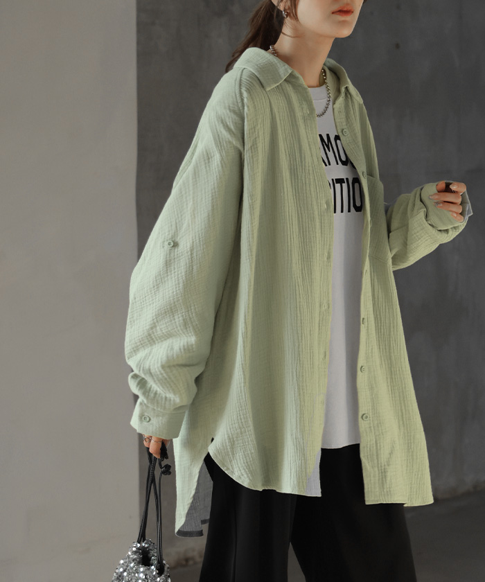 シャツ ダブルガーゼ リネン風 彼シャツ チュニック レディース ブラウス トップス ロング ロングシャツ チュニック 長袖 無地 羽織 ドルマン | HUG.U | 03