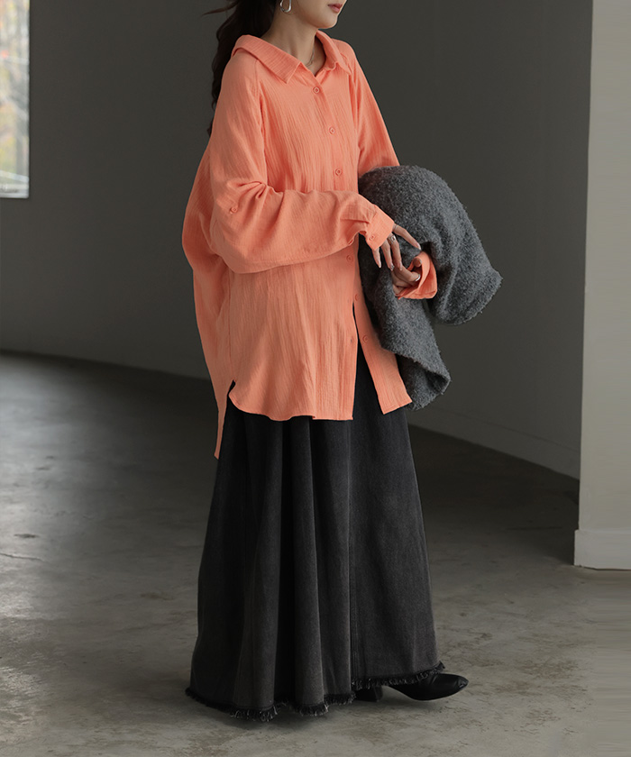 シャツ ダブルガーゼ リネン風 彼シャツ チュニック レディース ブラウス トップス ロング ロングシャツ チュニック 長袖 無地 羽織 ドルマン | HUG.U | 04