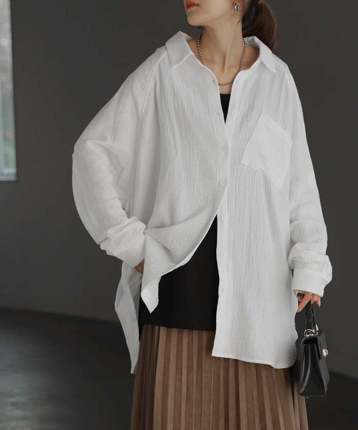 シャツ ダブルガーゼ リネン風 彼シャツ チュニック レディース ブラウス トップス ロング ロングシャツ チュニック 長袖 無地 羽織 ドルマン | HUG.U | 06
