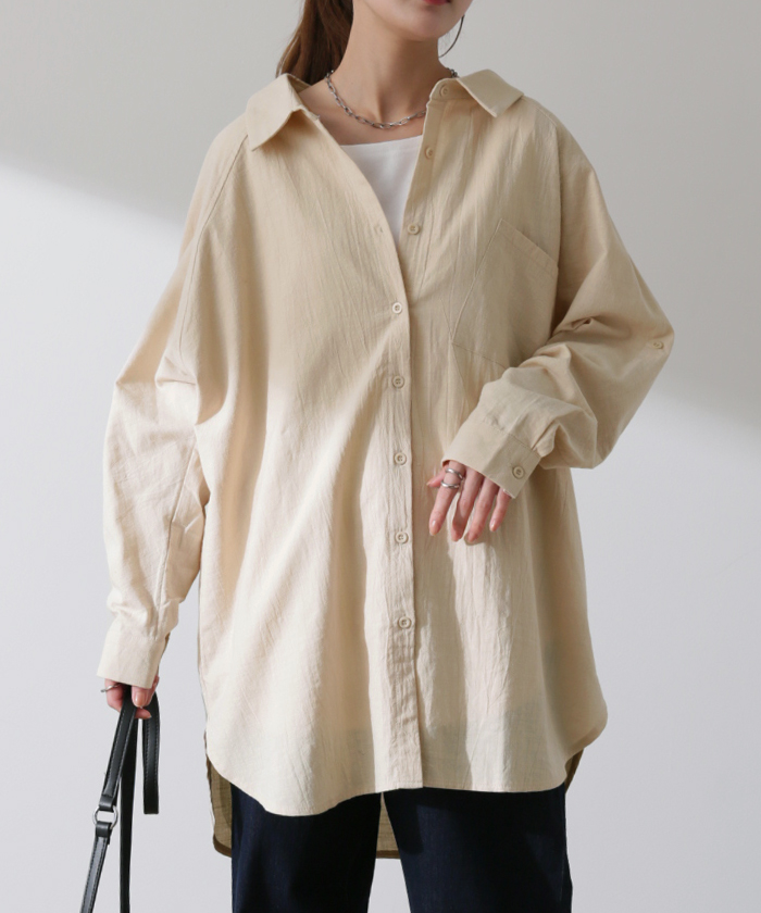 シャツ ダブルガーゼ リネン風 彼シャツ チュニック レディース ブラウス トップス ロング ロングシャツ チュニック 長袖 無地 羽織 ドルマン | HUG.U | 13