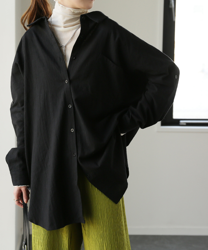 シャツ ダブルガーゼ リネン風 彼シャツ チュニック レディース ブラウス トップス ロング ロングシャツ チュニック 長袖 無地 羽織 ドルマン | HUG.U | 14