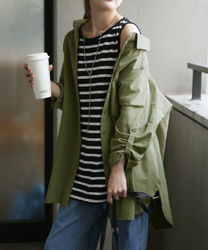 シャツ ダブルガーゼ リネン風 彼シャツ チュニック レディース ブラウス トップス ロング ロングシャツ チュニック 長袖 無地 羽織 ドルマン | HUG.U | 11