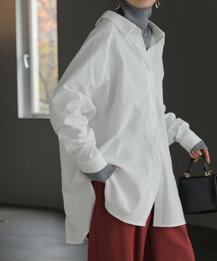 シャツ ダブルガーゼ リネン風 彼シャツ チュニック レディース ブラウス トップス ロング ロングシャツ チュニック 長袖 無地 羽織 ドルマン | HUG.U | 08