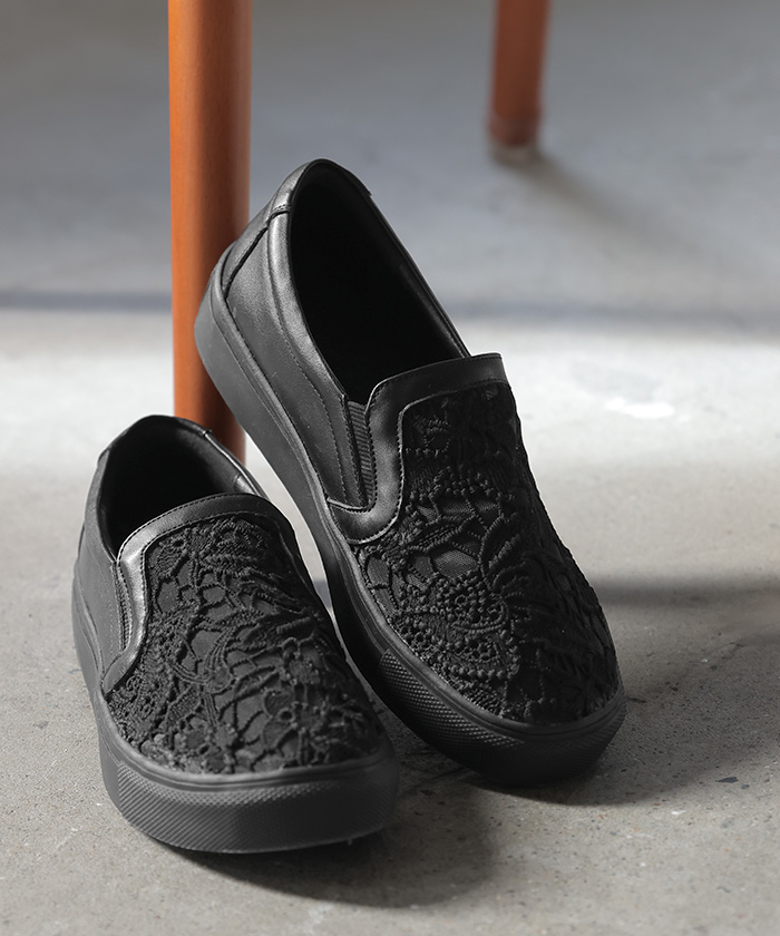 スリッポン レース レディース スニーカー 紐なしスニーカー ローカット フラット ぺたんこ 軽量 シューズ 歩きやすい フラットシューズ | HUG.U | 01