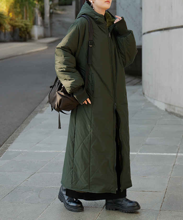 ファーコート レディース 中綿 エコファー アウター キルト ロング リバーシブル 極暖 | HUG.U | 01