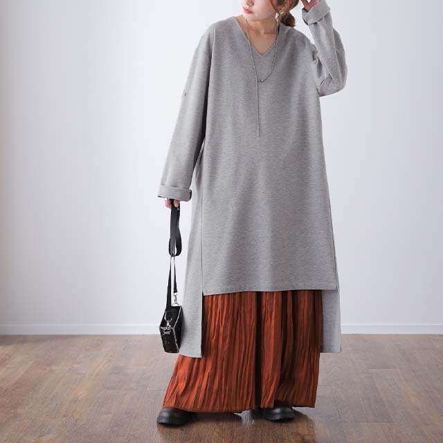 SALE ワンピース ロングワンピース レディース ロング ワンピ ワンピース マキシ スリット 長袖 無地 Aライン 体型カバー | HUG.U | 02