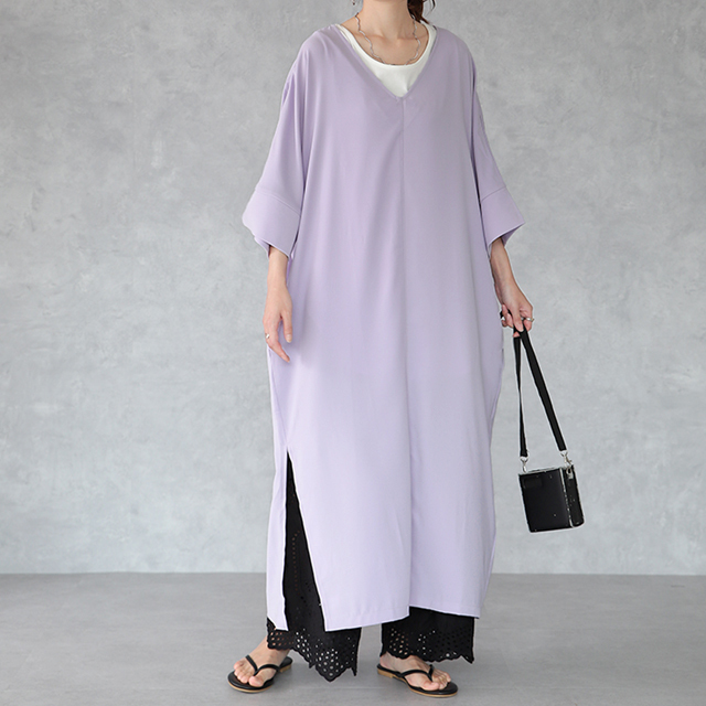 ワンピース レディース ロングワンピース ロング マキシワンピース スリット 半袖 Aライン フレア きれいめ ドルマン 無地 大きいサイズ | HUG.U | 04