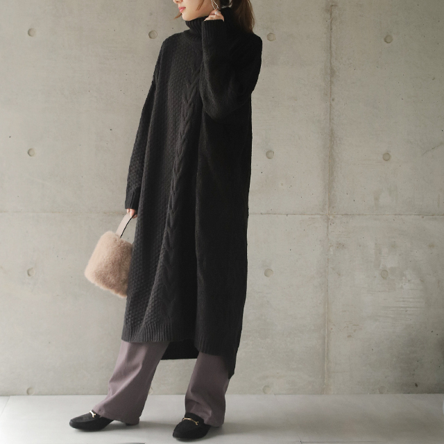 ニットワンピース ロング ニット レディース ワンピース リブニット タートルニット タートル | HUG.U | 02