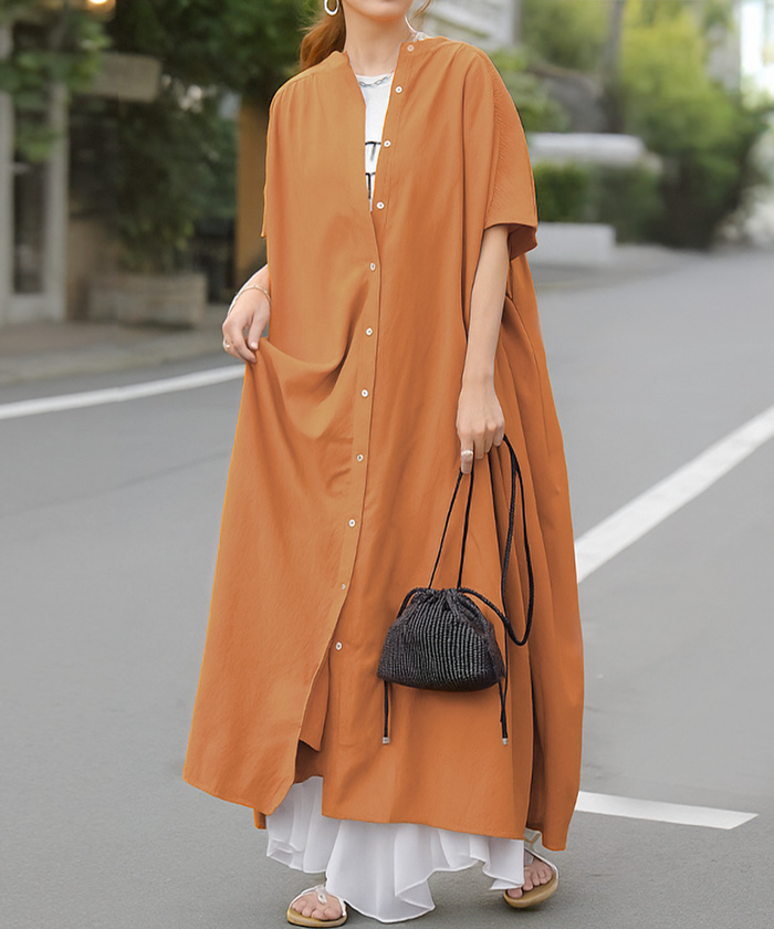 ワンピース シャツ シャツワンピース ノーカラ― シャツワンピ レディース ロング ロングワンピース Aライン ワンピ ロングシャツ ロングワンピ 半袖 長袖 | HUG.U | 03