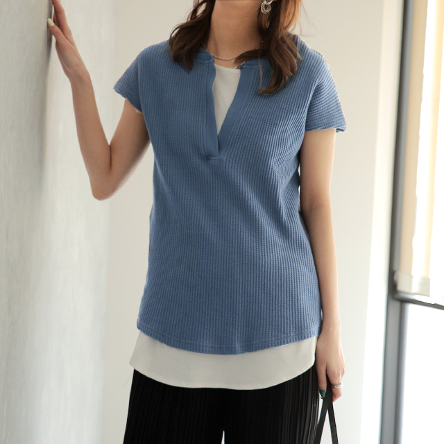 トップス カットソー レディース フレンチスリーブ Tシャツ ワッフル サーマル | HUG.U | 04