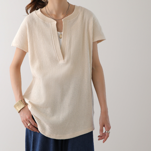 トップス カットソー レディース フレンチスリーブ Tシャツ ワッフル サーマル | HUG.U | 01