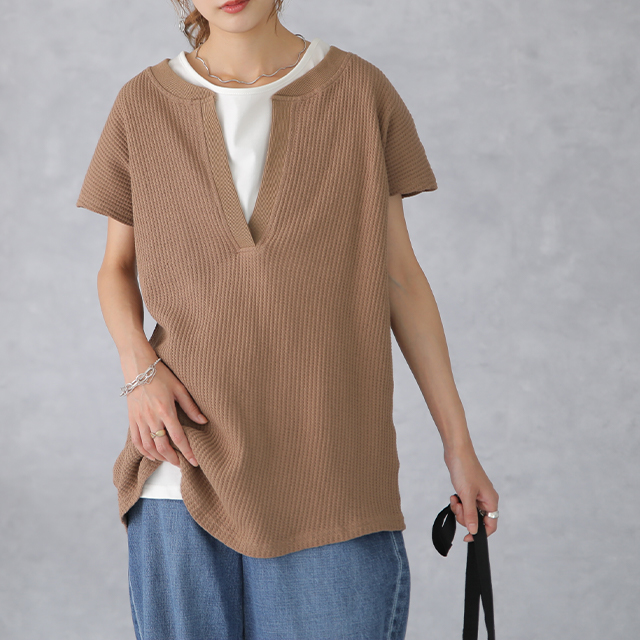 トップス カットソー レディース フレンチスリーブ Tシャツ ワッフル サーマル | HUG.U | 03